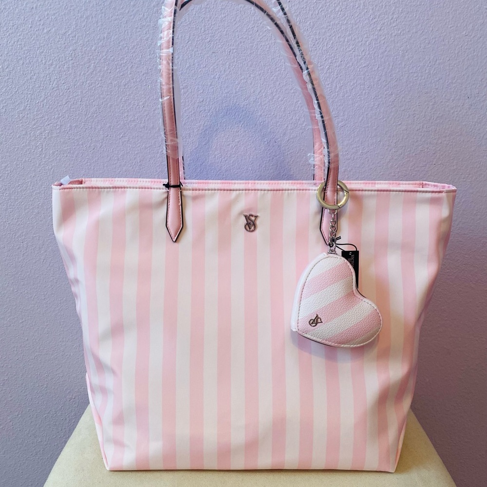 Victoria’s Secret Heritage Stripe Large Tote Bag and Heart Pouch Keychain Bundle